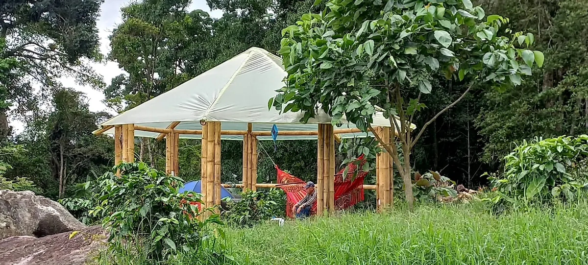 Kiosko de encuentro entre el jardín